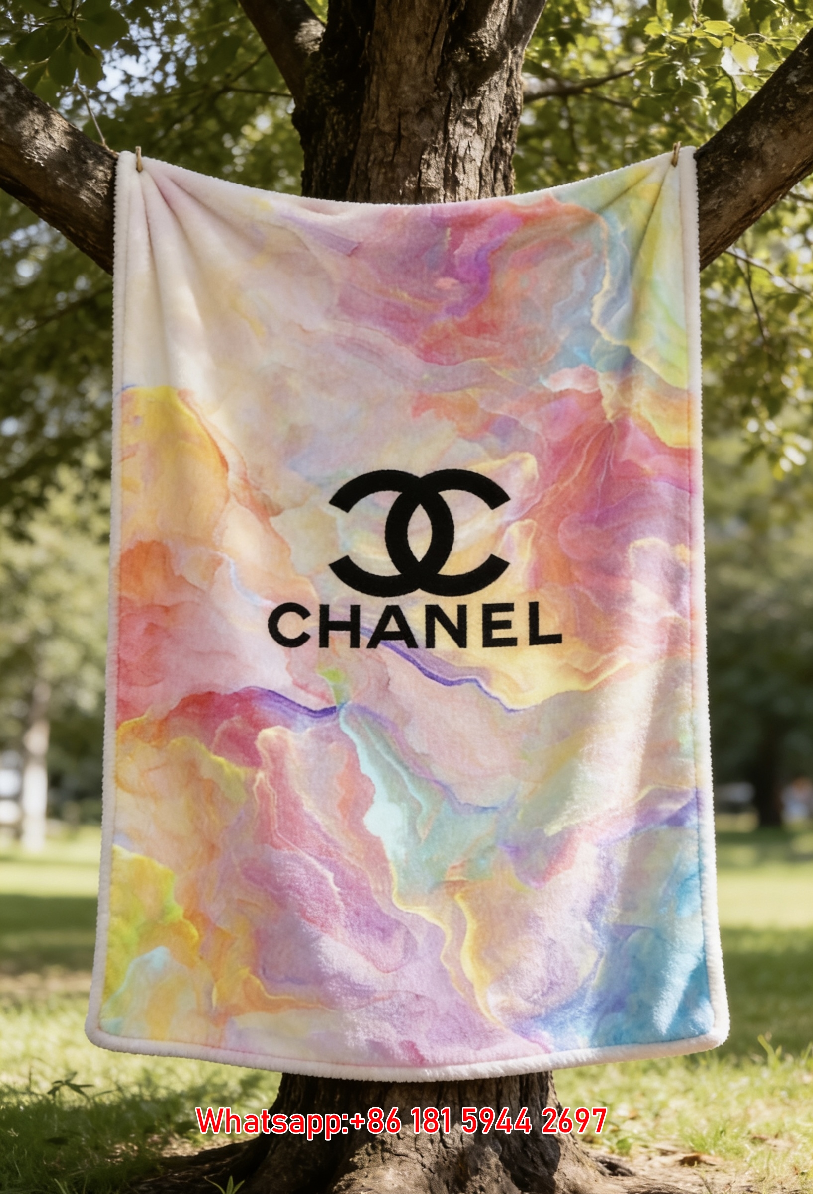Vibrant Watercolor Swirl Chanel Double C Logo Flannel Sofa Throw Blanket IMG_6998